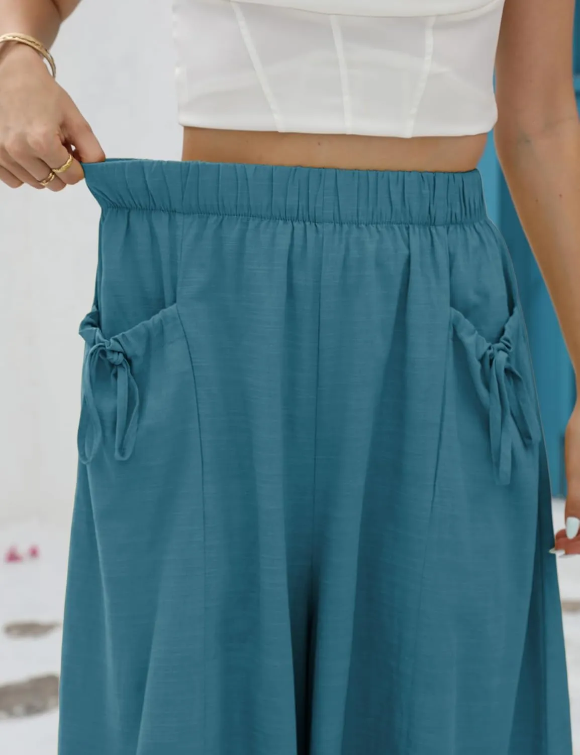 Hooever Women's Cotton Linen Culottes Pants Loose Wide Leg Capri Trousers with Big Pockets