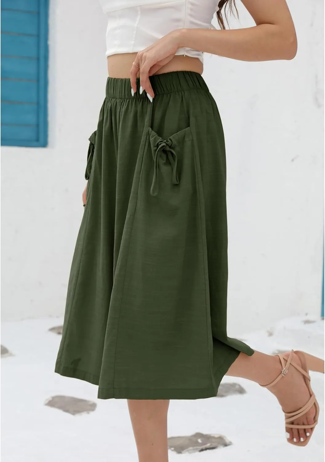 Hooever Women's Cotton Linen Culottes Pants Loose Wide Leg Capri Trousers with Big Pockets