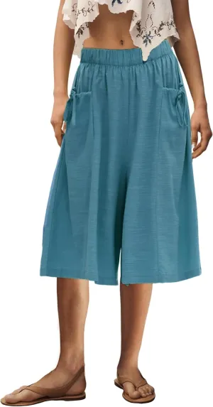Hooever Women's Cotton Linen Culottes Pants Loose Wide Leg Capri Trousers with Big Pockets