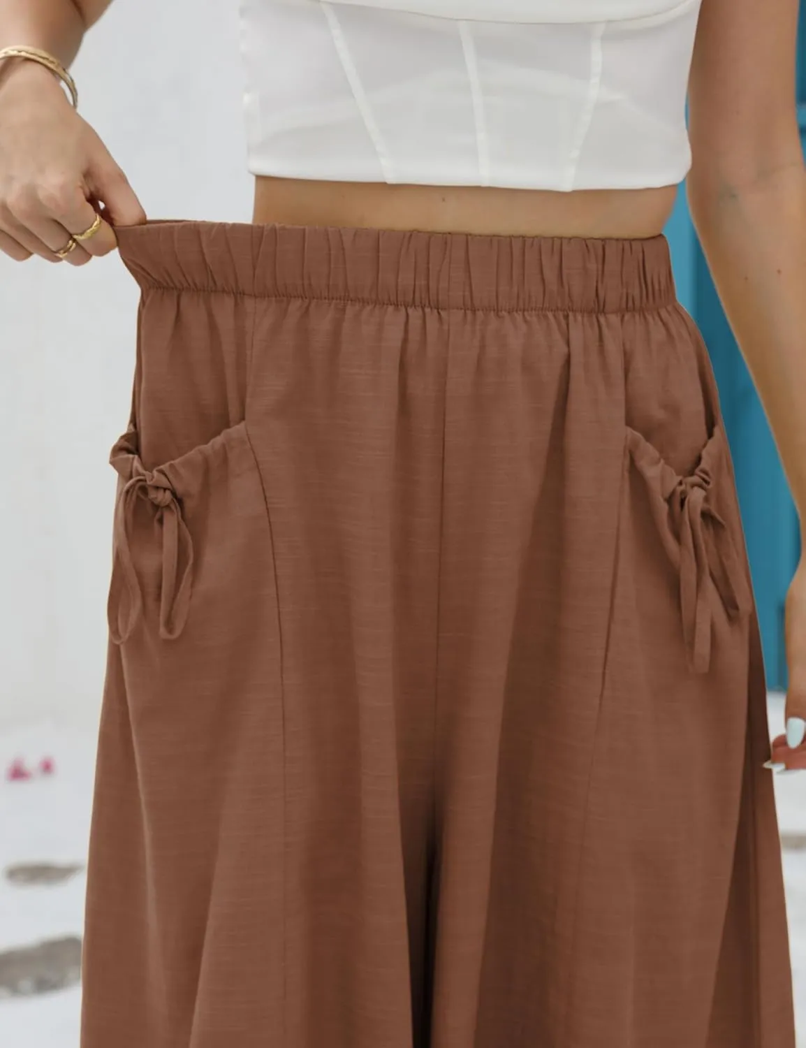 Hooever Women's Cotton Linen Culottes Pants Loose Wide Leg Capri Trousers with Big Pockets