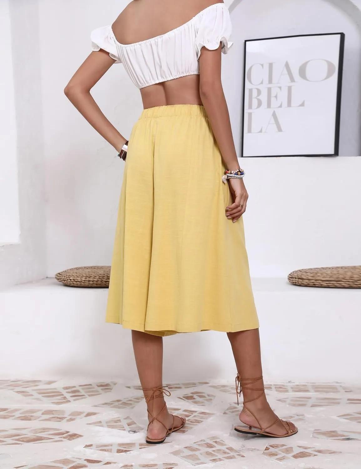 Hooever Women's Cotton Linen Culottes Pants Loose Wide Leg Capri Trousers with Big Pockets