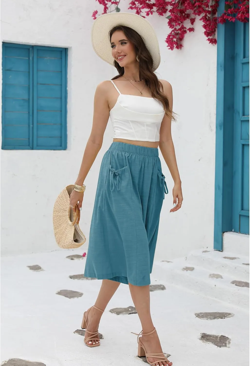 Hooever Women's Cotton Linen Culottes Pants Loose Wide Leg Capri Trousers with Big Pockets