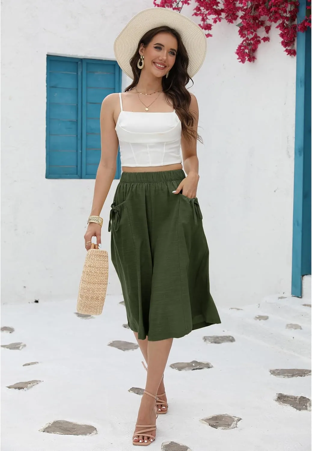 Hooever Women's Cotton Linen Culottes Pants Loose Wide Leg Capri Trousers with Big Pockets
