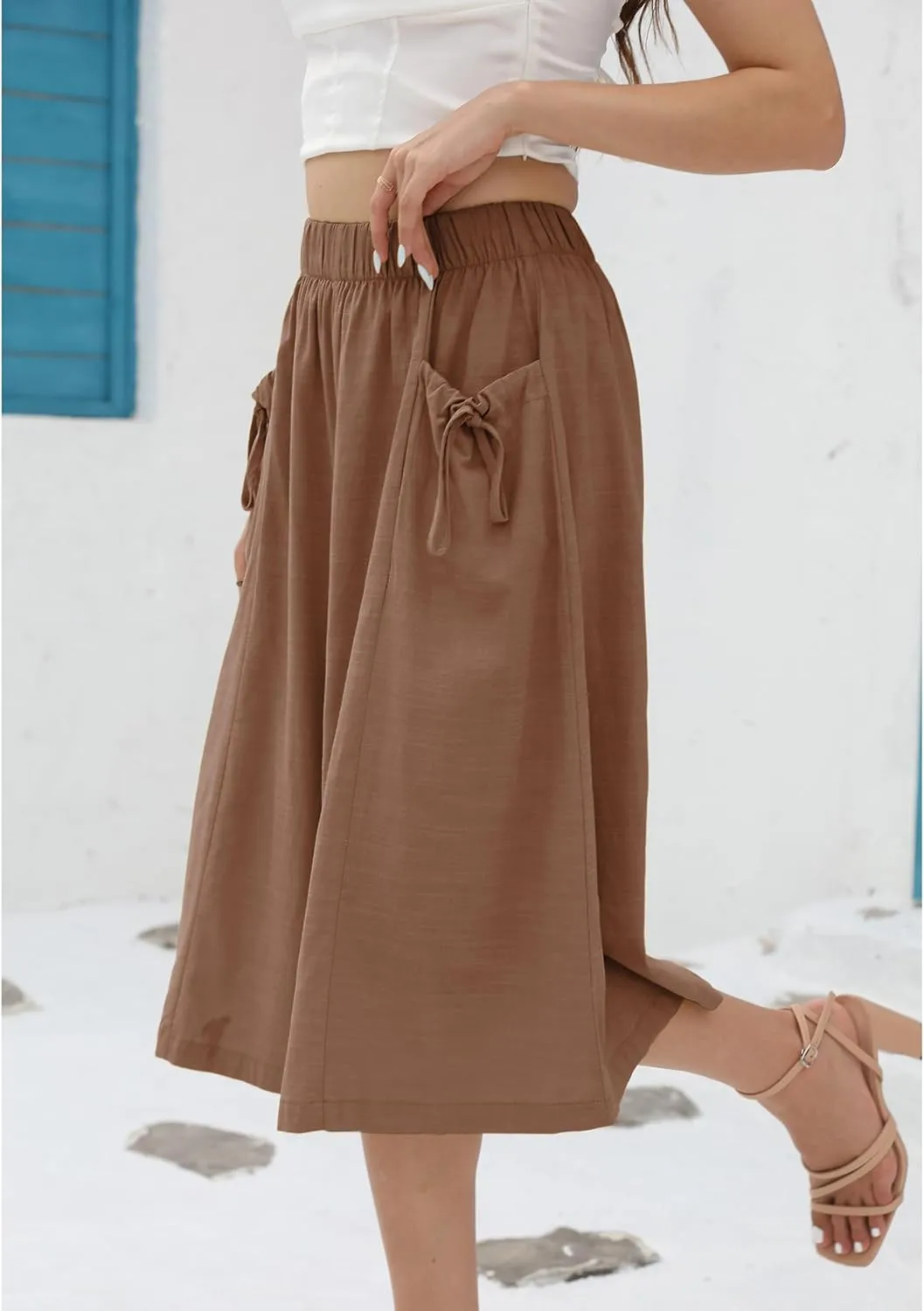 Hooever Women's Cotton Linen Culottes Pants Loose Wide Leg Capri Trousers with Big Pockets