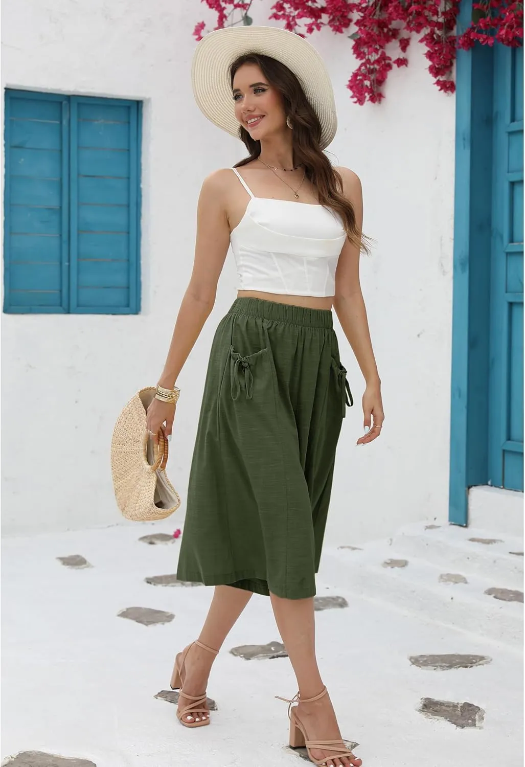 Hooever Women's Cotton Linen Culottes Pants Loose Wide Leg Capri Trousers with Big Pockets