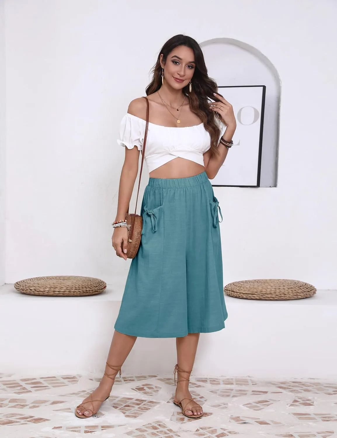 Hooever Women's Cotton Linen Culottes Pants Loose Wide Leg Capri Trousers with Big Pockets