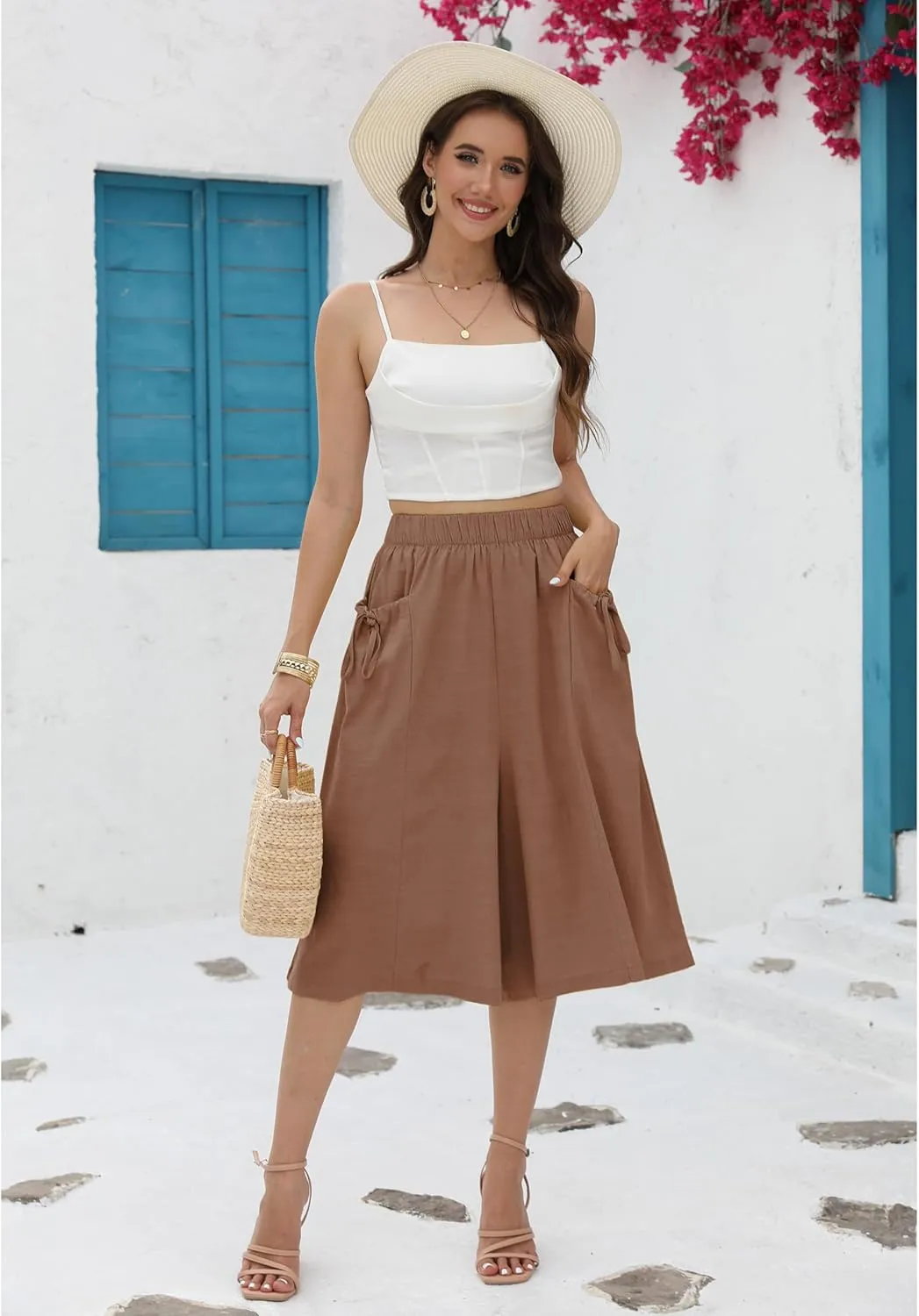Hooever Women's Cotton Linen Culottes Pants Loose Wide Leg Capri Trousers with Big Pockets