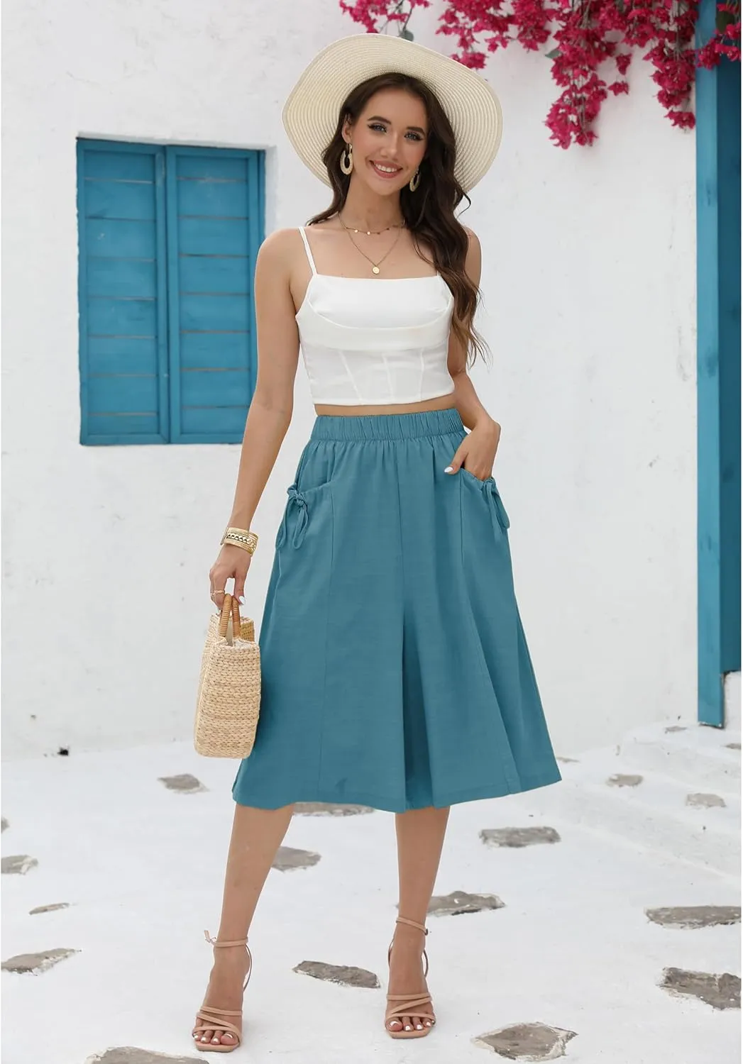 Hooever Women's Cotton Linen Culottes Pants Loose Wide Leg Capri Trousers with Big Pockets