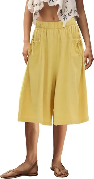 Hooever Women's Cotton Linen Culottes Pants Loose Wide Leg Capri Trousers with Big Pockets