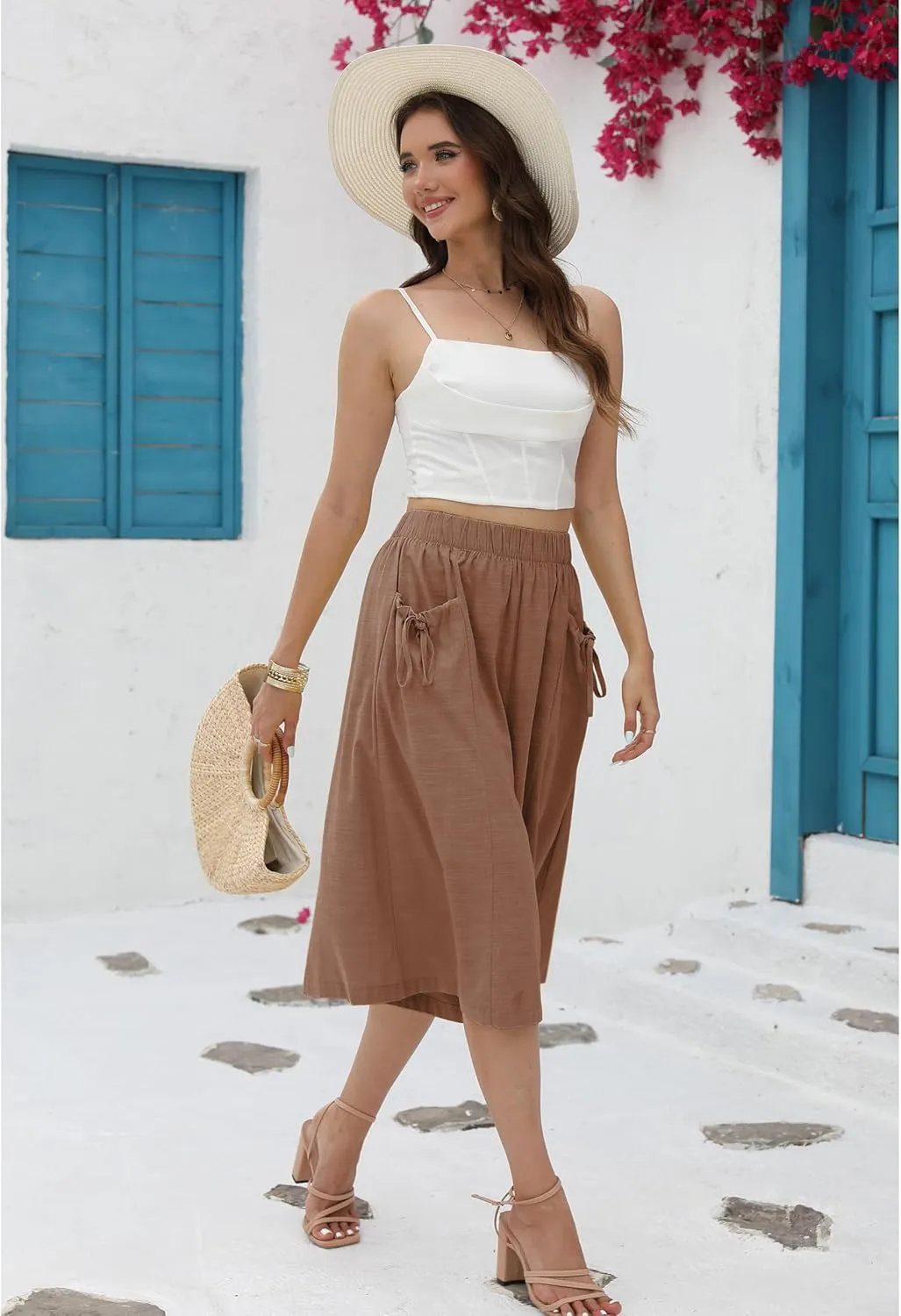 Hooever Women's Cotton Linen Culottes Pants Loose Wide Leg Capri Trousers with Big Pockets