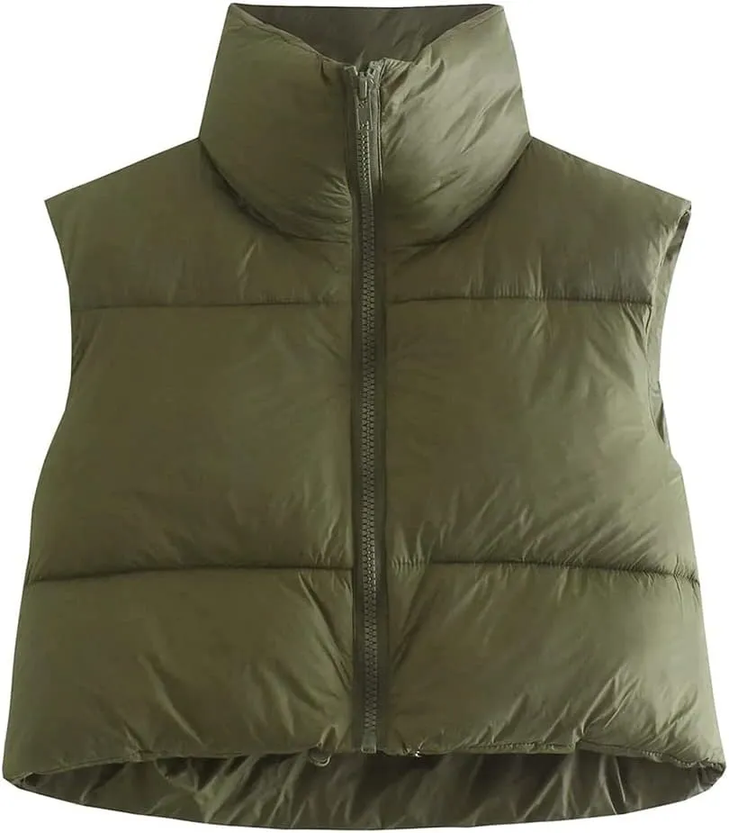 HOULENGS Women's Stand Collar Crop Puffer Vest Lightweight Sleeveless Winter Warm Outerwear Puffer Vest Padded Gilet