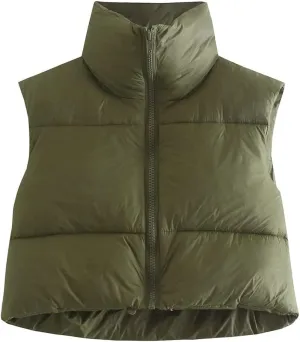 HOULENGS Women's Stand Collar Crop Puffer Vest Lightweight Sleeveless Winter Warm Outerwear Puffer Vest Padded Gilet