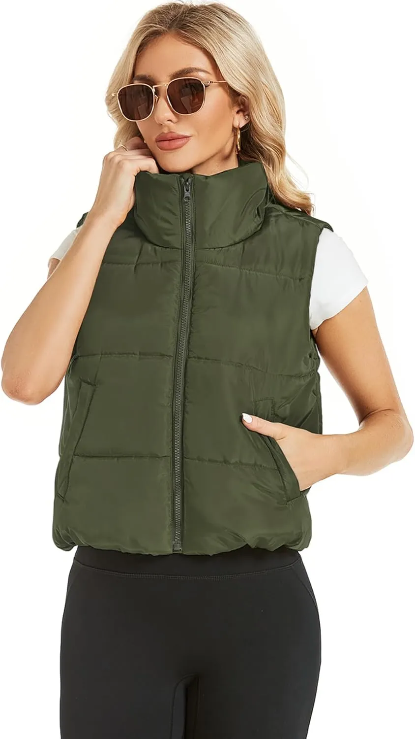 Hount Womens Winter Crop Puffer Vest Lightweight Sleeveless Padded Gilet Coat Stand Collar Outwear Vest with Pockets