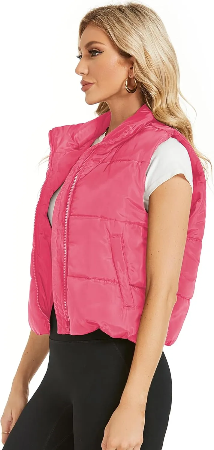 Hount Womens Winter Crop Puffer Vest Lightweight Sleeveless Padded Gilet Coat Stand Collar Outwear Vest with Pockets