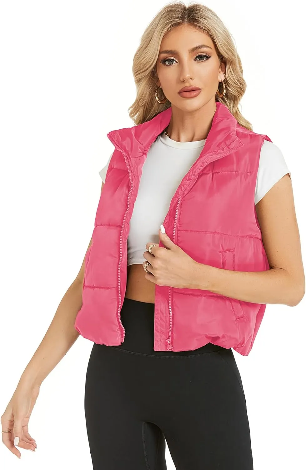 Hount Womens Winter Crop Puffer Vest Lightweight Sleeveless Padded Gilet Coat Stand Collar Outwear Vest with Pockets