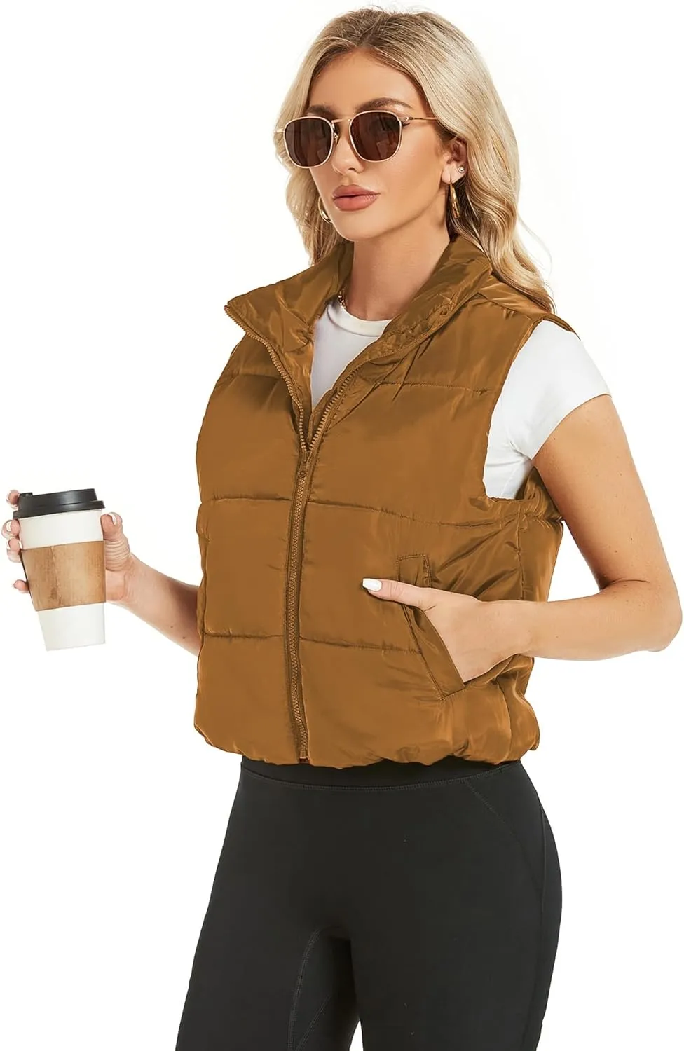 Hount Womens Winter Crop Puffer Vest Lightweight Sleeveless Padded Gilet Coat Stand Collar Outwear Vest with Pockets
