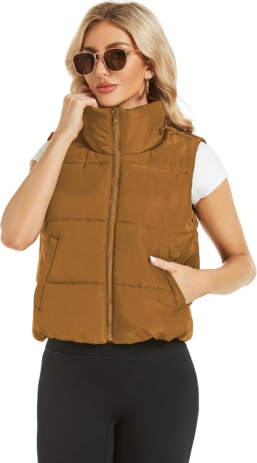 Hount Womens Winter Crop Puffer Vest Lightweight Sleeveless Padded Gilet Coat Stand Collar Outwear Vest with Pockets