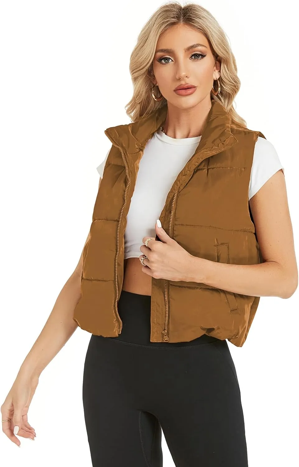 Hount Womens Winter Crop Puffer Vest Lightweight Sleeveless Padded Gilet Coat Stand Collar Outwear Vest with Pockets