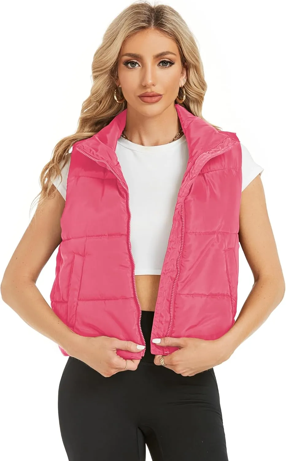 Hount Womens Winter Crop Puffer Vest Lightweight Sleeveless Padded Gilet Coat Stand Collar Outwear Vest with Pockets