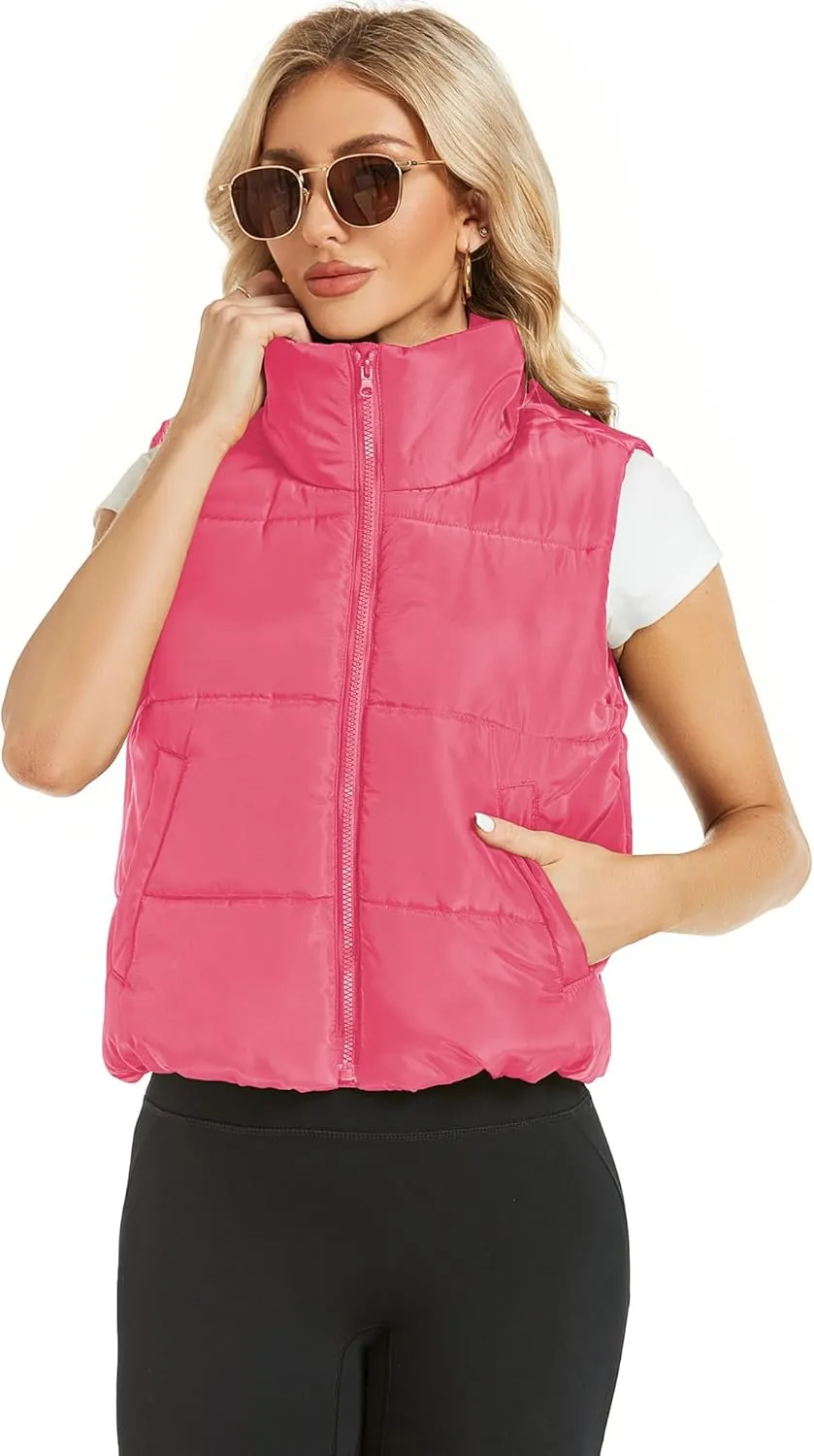Hount Womens Winter Crop Puffer Vest Lightweight Sleeveless Padded Gilet Coat Stand Collar Outwear Vest with Pockets