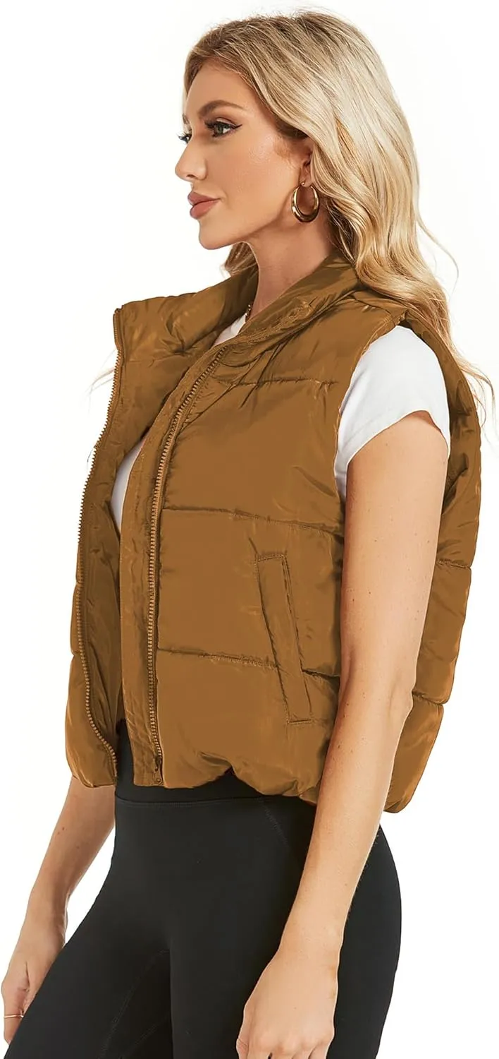 Hount Womens Winter Crop Puffer Vest Lightweight Sleeveless Padded Gilet Coat Stand Collar Outwear Vest with Pockets