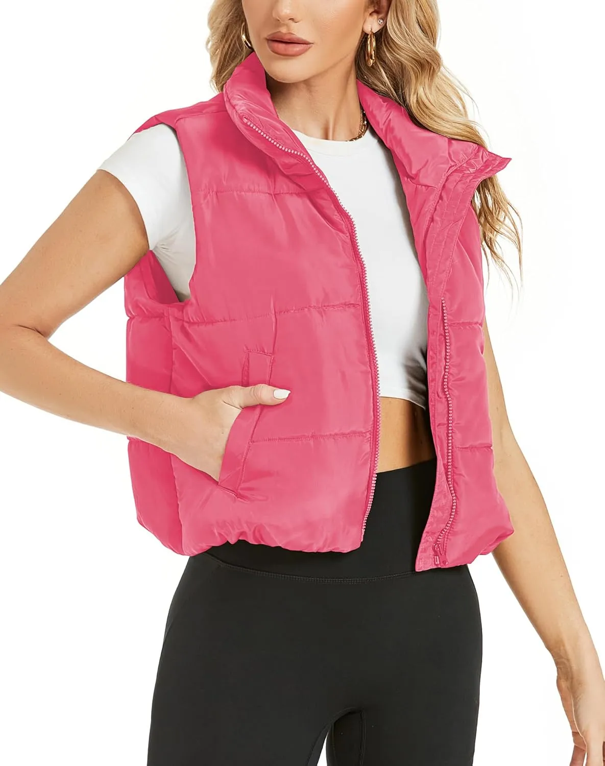 Hount Womens Winter Crop Puffer Vest Lightweight Sleeveless Padded Gilet Coat Stand Collar Outwear Vest with Pockets