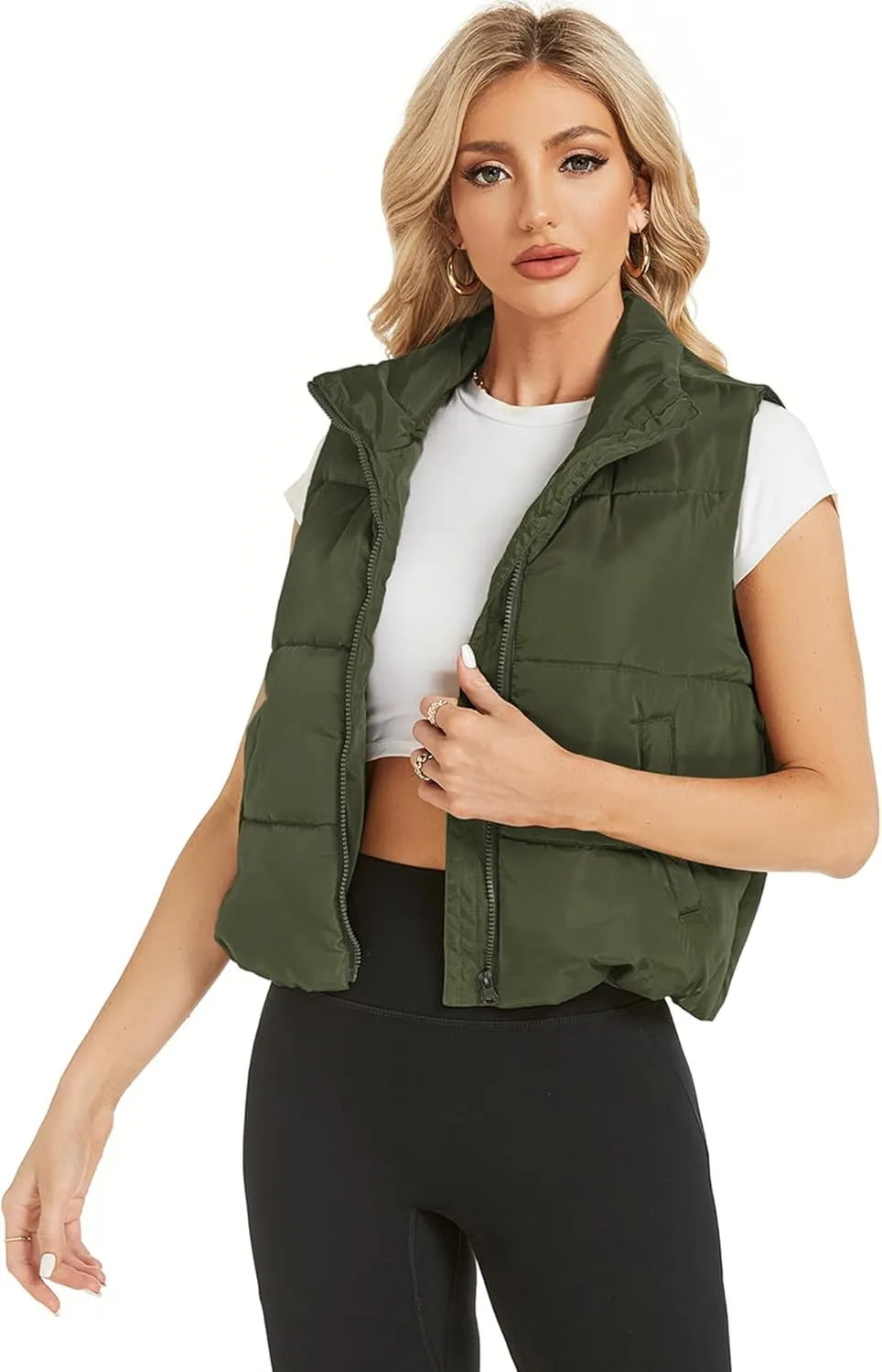 Hount Womens Winter Crop Puffer Vest Lightweight Sleeveless Padded Gilet Coat Stand Collar Outwear Vest with Pockets