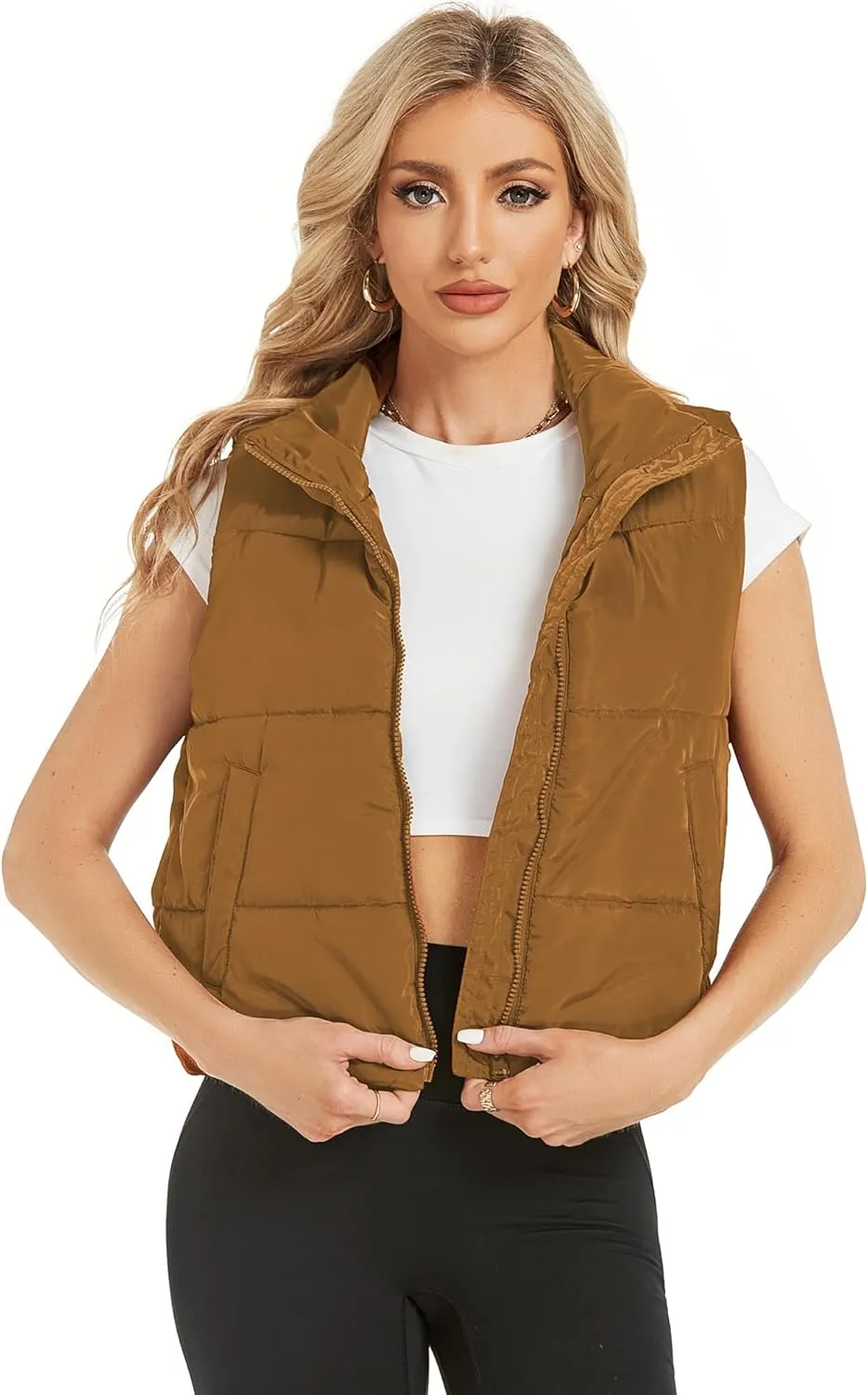 Hount Womens Winter Crop Puffer Vest Lightweight Sleeveless Padded Gilet Coat Stand Collar Outwear Vest with Pockets