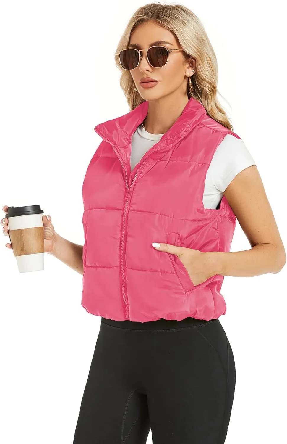 Hount Womens Winter Crop Puffer Vest Lightweight Sleeveless Padded Gilet Coat Stand Collar Outwear Vest with Pockets