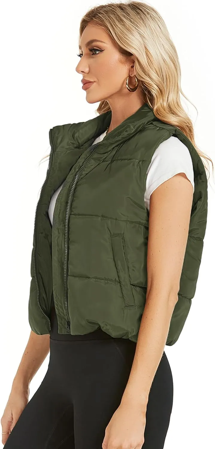 Hount Womens Winter Crop Puffer Vest Lightweight Sleeveless Padded Gilet Coat Stand Collar Outwear Vest with Pockets