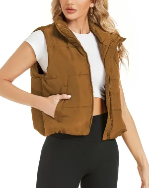 Hount Womens Winter Crop Puffer Vest Lightweight Sleeveless Padded Gilet Coat Stand Collar Outwear Vest with Pockets