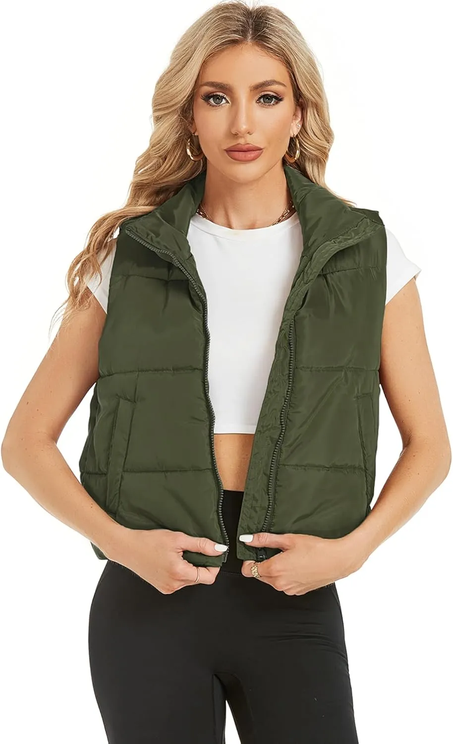 Hount Womens Winter Crop Puffer Vest Lightweight Sleeveless Padded Gilet Coat Stand Collar Outwear Vest with Pockets