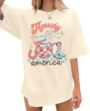 Howdy American Western Shirt Red White Blue Graphic 4th of July Shirt Oversized Tee Tops