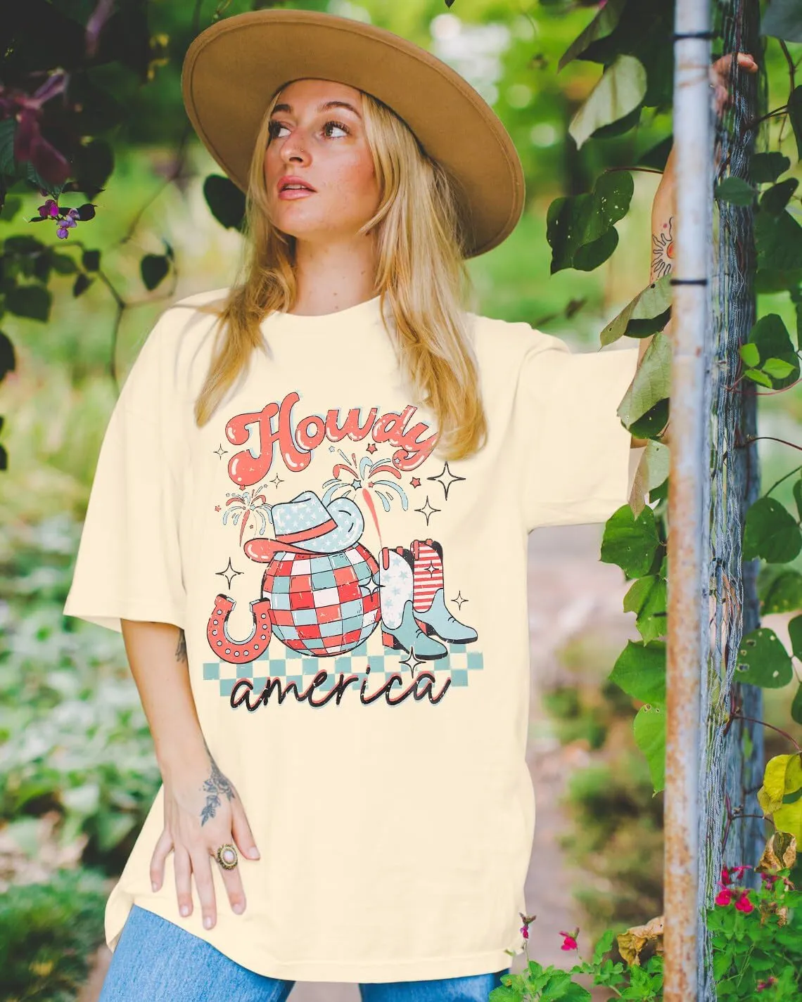 Howdy American Western Shirt Red White Blue Graphic 4th of July Shirt Oversized Tee Tops