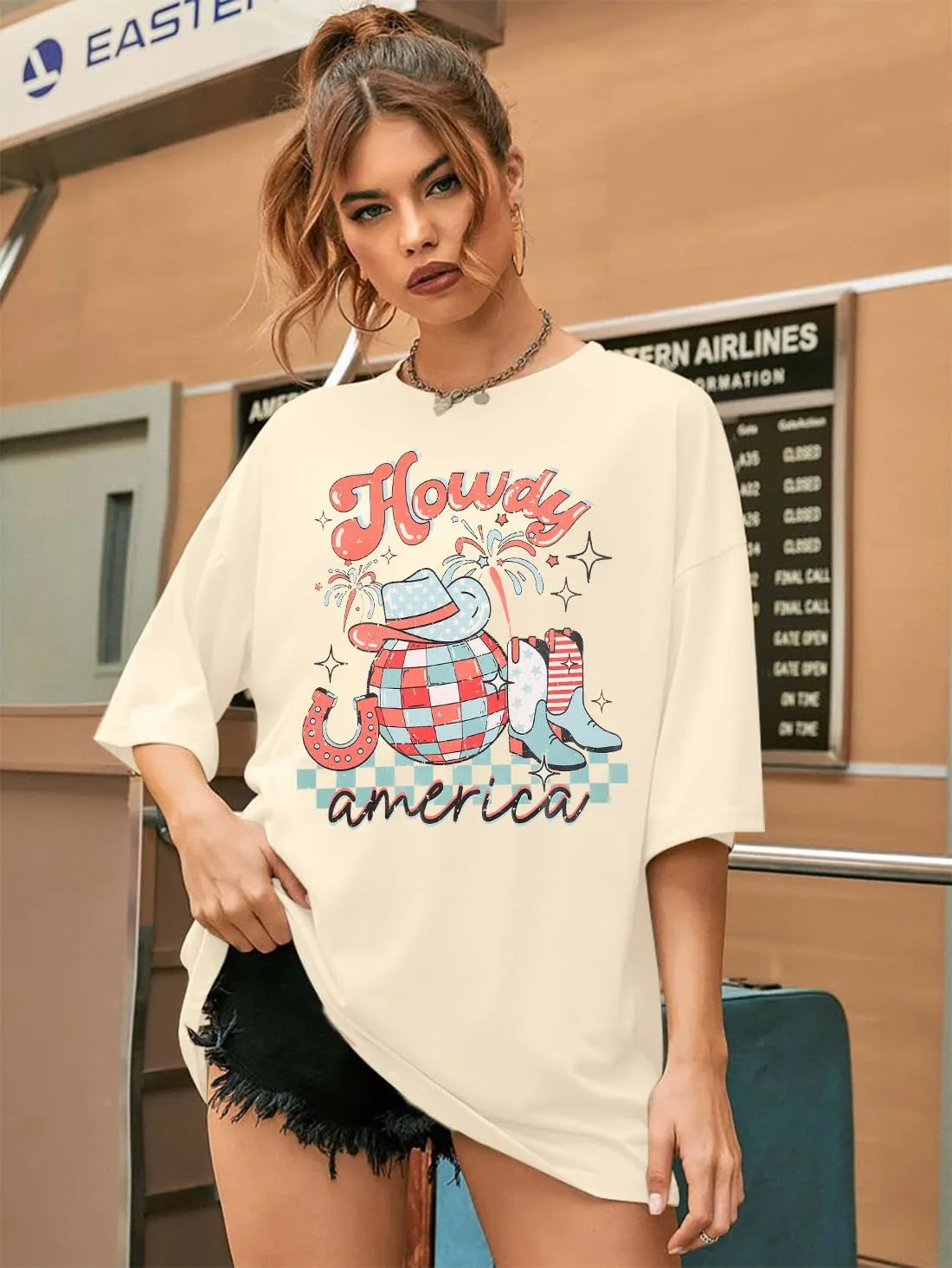 Howdy American Western Shirt Red White Blue Graphic 4th of July Shirt Oversized Tee Tops