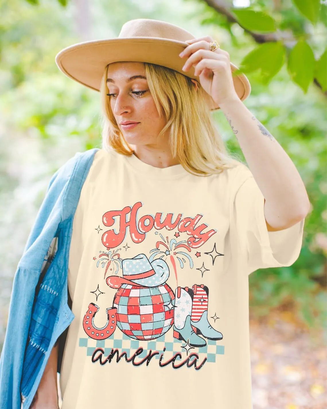 Howdy American Western Shirt Red White Blue Graphic 4th of July Shirt Oversized Tee Tops