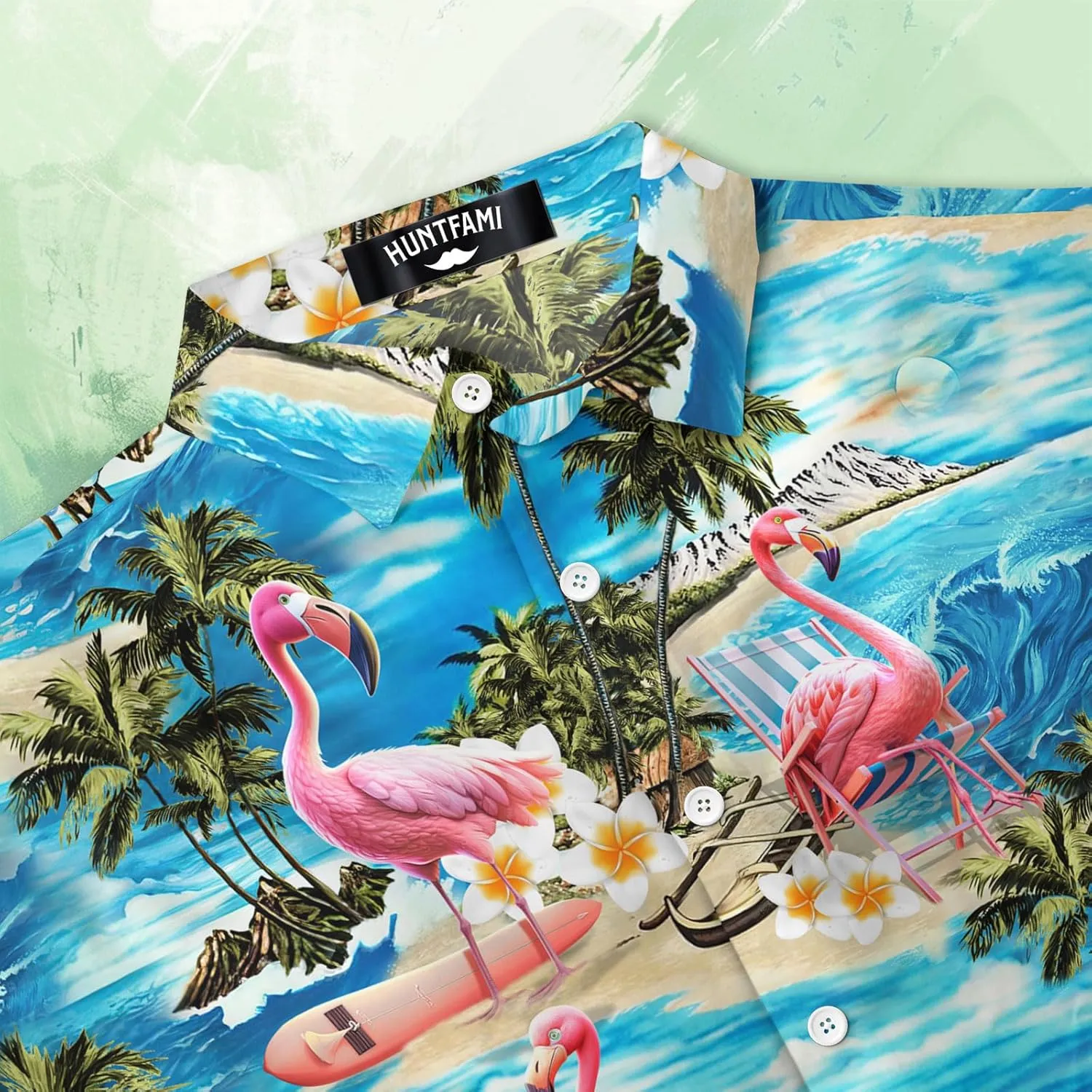 HUNTFAMI Men's Hawaiian Beach Shirt with Flamingo Shirt Men Print - Short Sleeve Linen Button Down