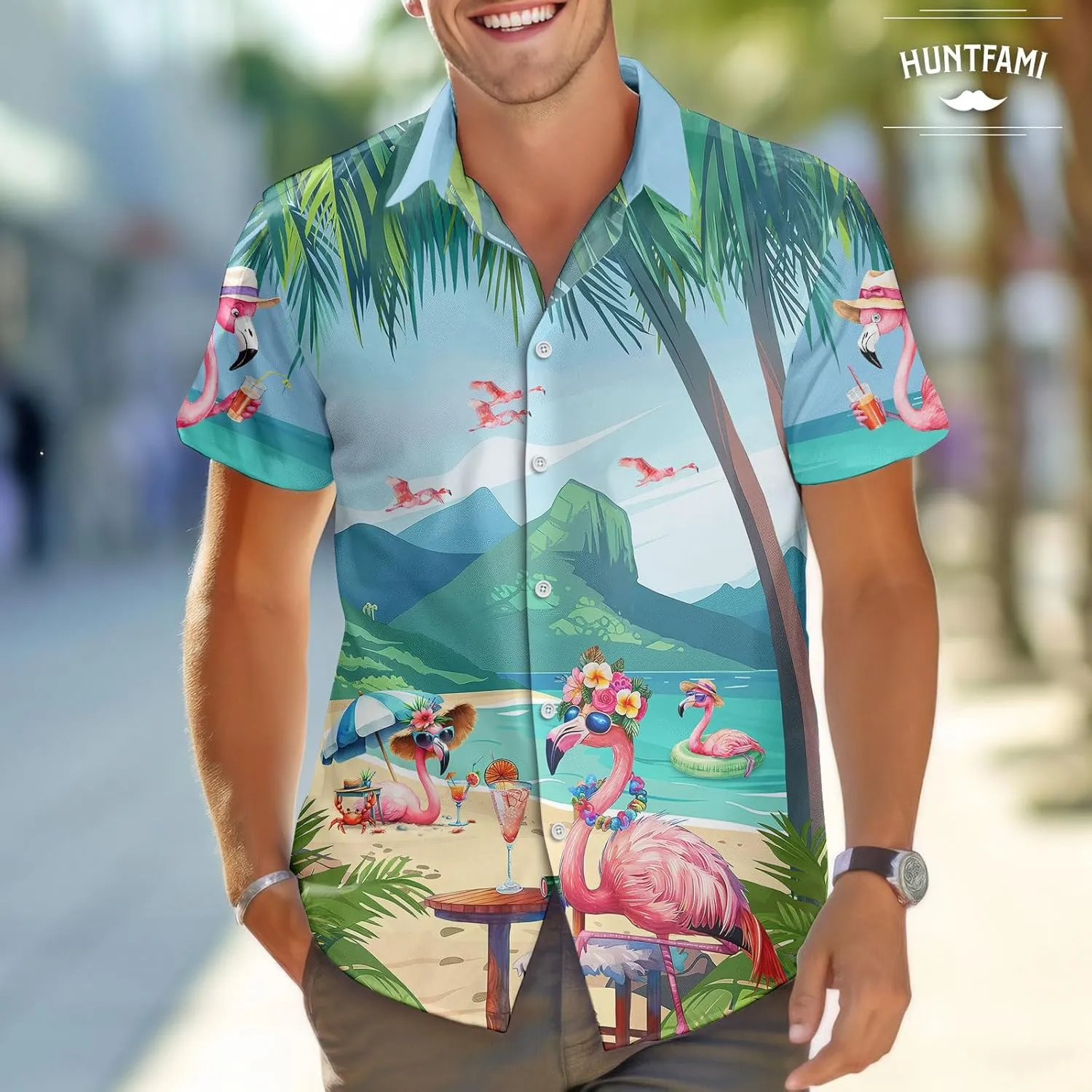 HUNTFAMI Men's Hawaiian Beach Shirt with Flamingo Shirt Men Print - Short Sleeve Linen Button Down