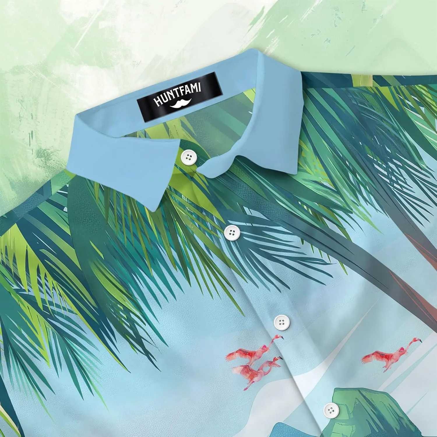 HUNTFAMI Men's Hawaiian Beach Shirt with Flamingo Shirt Men Print - Short Sleeve Linen Button Down