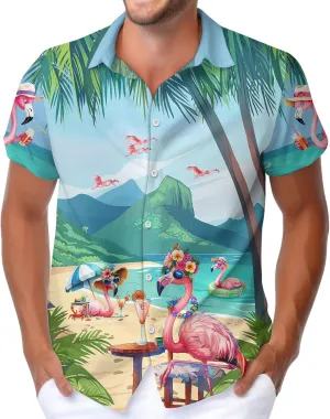 HUNTFAMI Men's Hawaiian Beach Shirt with Flamingo Shirt Men Print - Short Sleeve Linen Button Down