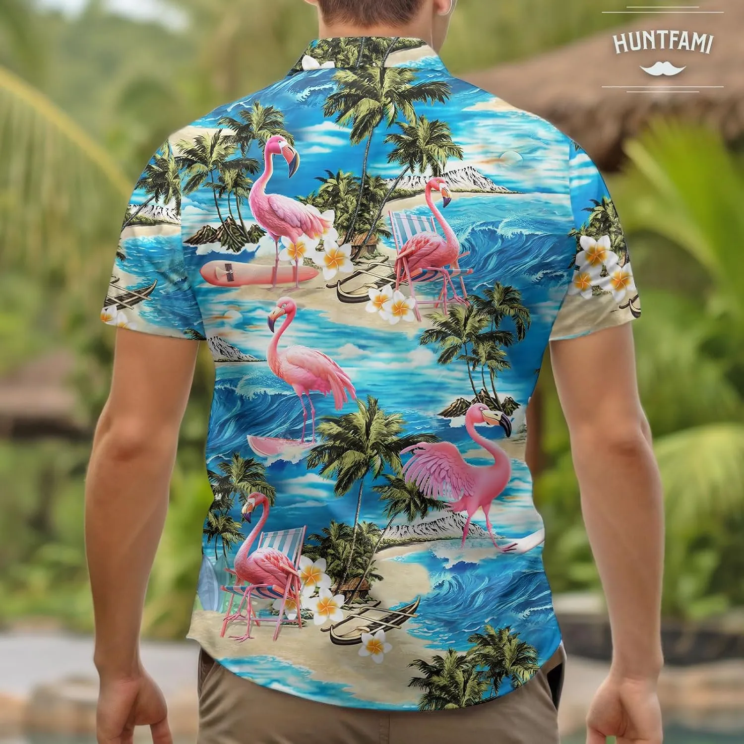 HUNTFAMI Men's Hawaiian Beach Shirt with Flamingo Shirt Men Print - Short Sleeve Linen Button Down