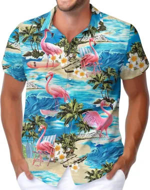 HUNTFAMI Men's Hawaiian Beach Shirt with Flamingo Shirt Men Print - Short Sleeve Linen Button Down