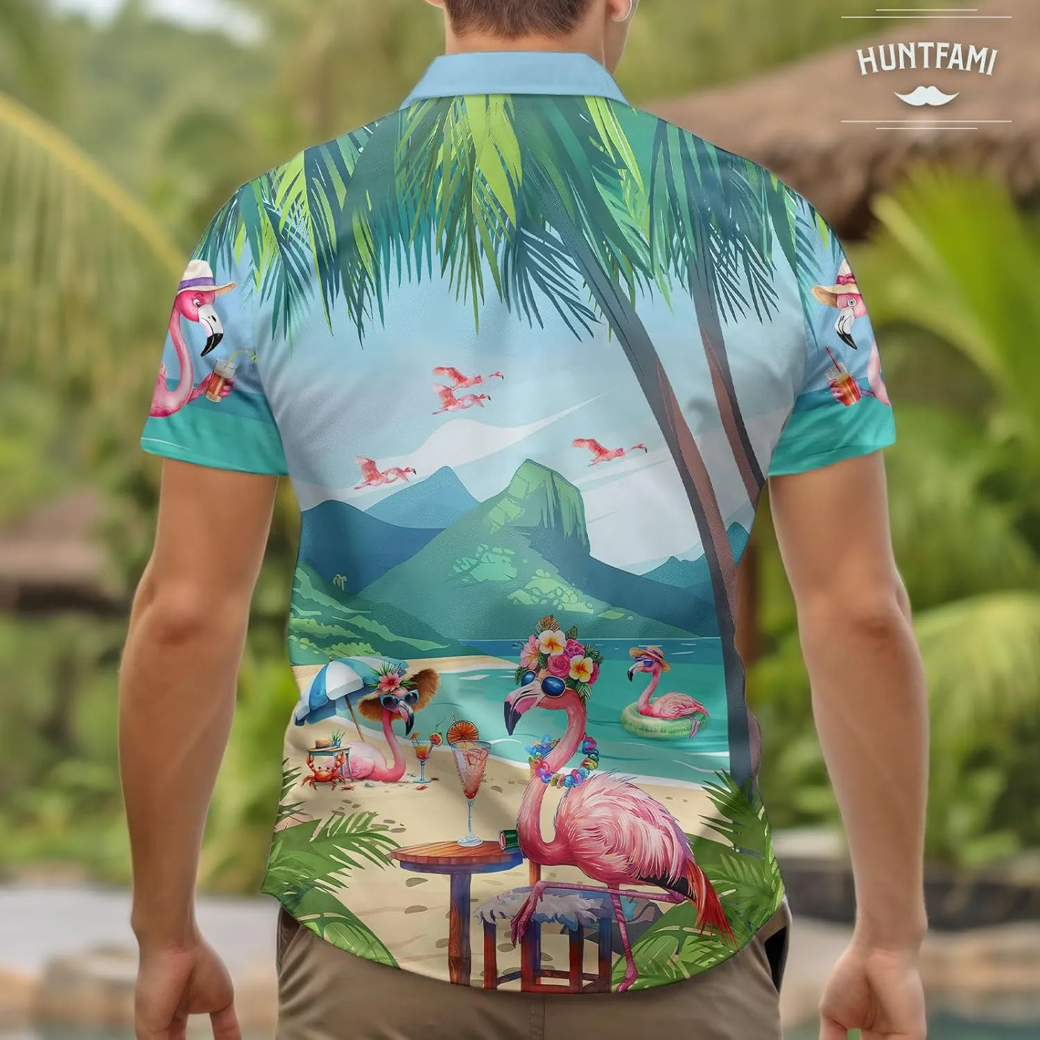 HUNTFAMI Men's Hawaiian Beach Shirt with Flamingo Shirt Men Print - Short Sleeve Linen Button Down