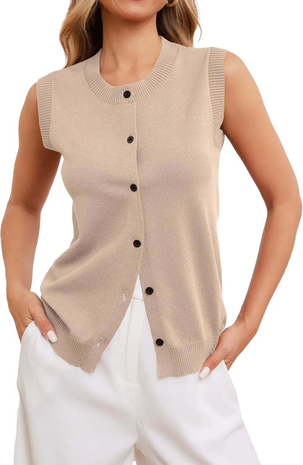 HVT Vest Tops for Women Button Up Round Neck Vest Knitted Tank Tops Casual Sleeveless Cardigan for Women