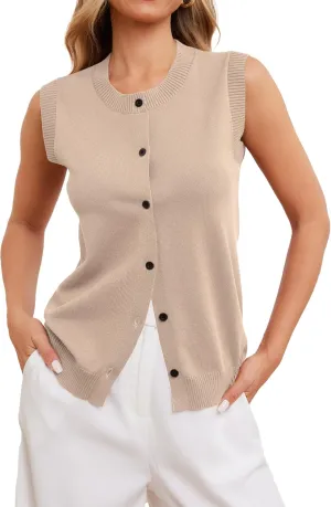 HVT Vest Tops for Women Button Up Round Neck Vest Knitted Tank Tops Casual Sleeveless Cardigan for Women