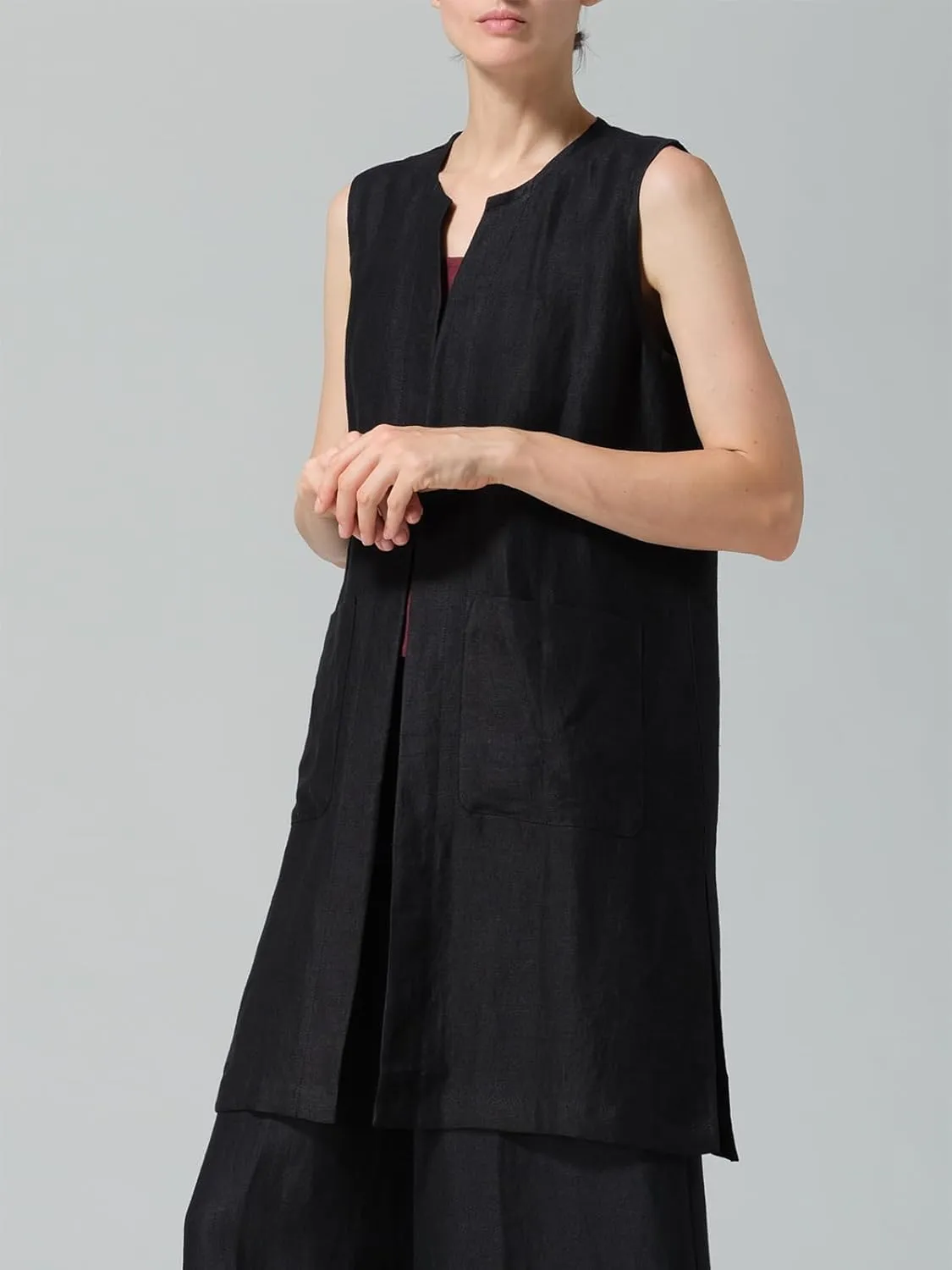 IDEALSANXUN Long Linen Vest for Women Summer Lightweight Sleeveless Blazer Jacket Trench Coat Open Front Cardigan Waistcoat