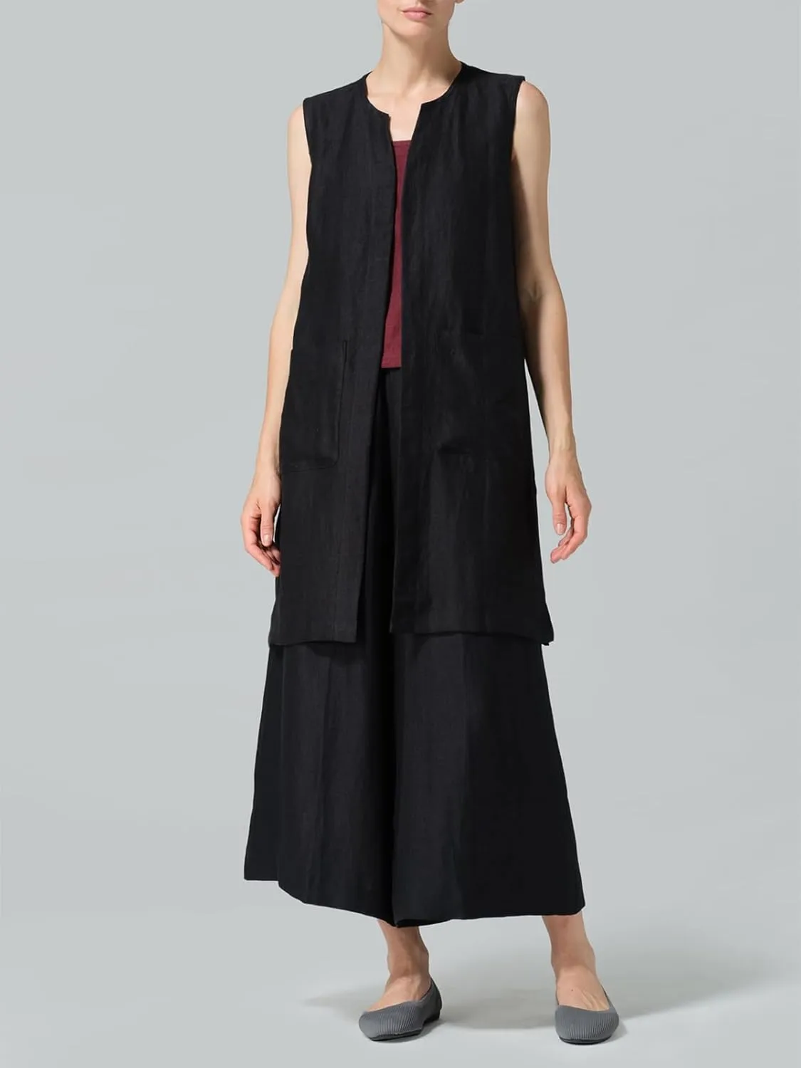 IDEALSANXUN Long Linen Vest for Women Summer Lightweight Sleeveless Blazer Jacket Trench Coat Open Front Cardigan Waistcoat