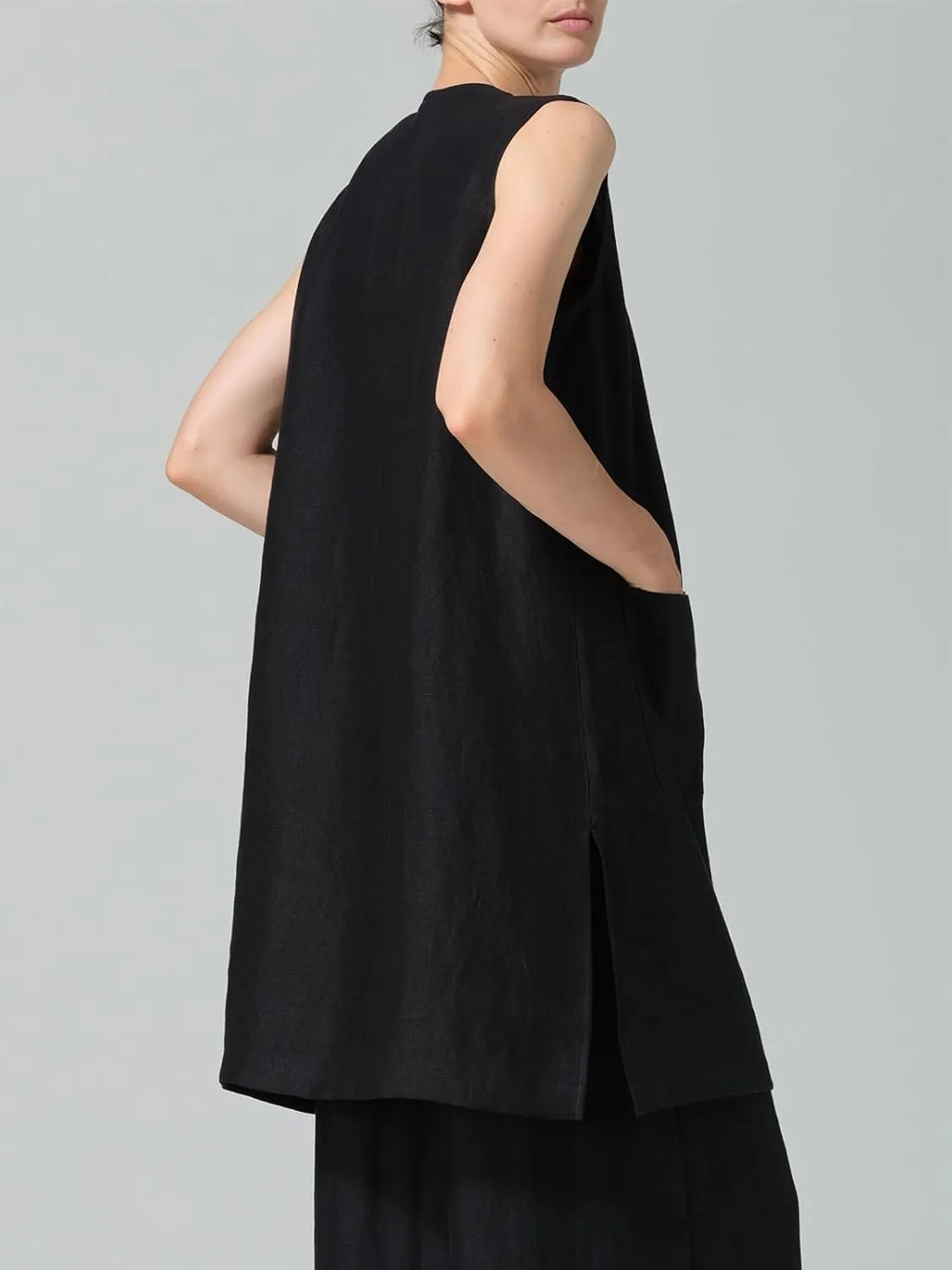 IDEALSANXUN Long Linen Vest for Women Summer Lightweight Sleeveless Blazer Jacket Trench Coat Open Front Cardigan Waistcoat
