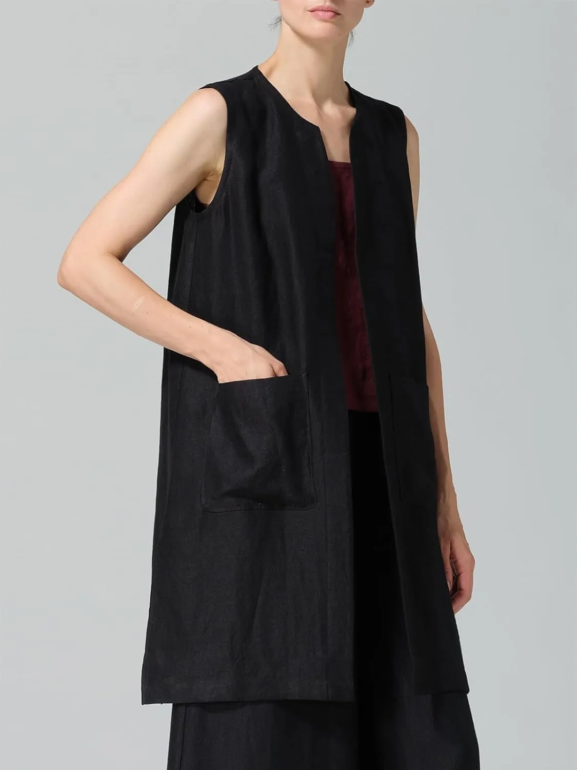 IDEALSANXUN Long Linen Vest for Women Summer Lightweight Sleeveless Blazer Jacket Trench Coat Open Front Cardigan Waistcoat