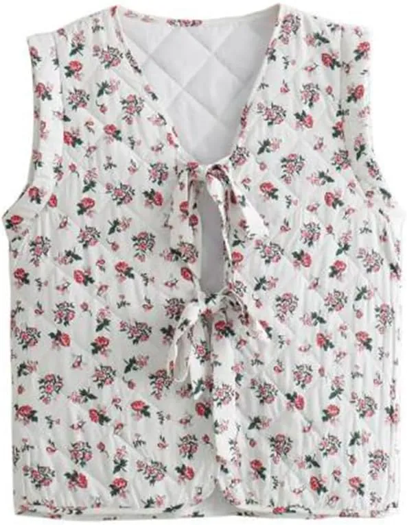 IMISSILLEB Women Vintage Cropped Floral Quilted Vest Sleeveless Reversible Puffer Jacket Fall Lightweight Padded Coat Gilet